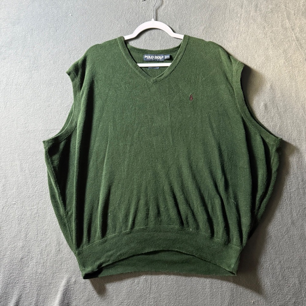 Polo Golf Ralph Lauren Mens XXL Green 100% Cotton V-Neck Sweater Vest Pony Logo